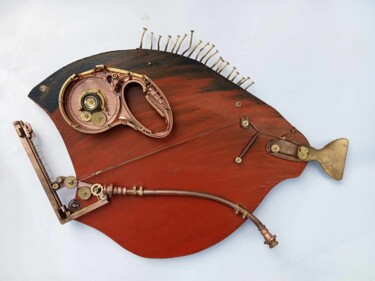 Sculpture titled "RED Steampunk FISH" by Andrey Mantula, Original Artwork, Wood