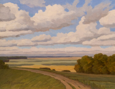 Painting titled "Long Bend" by Andrey Pingachev, Original Artwork, Oil Mounted on Cardboard