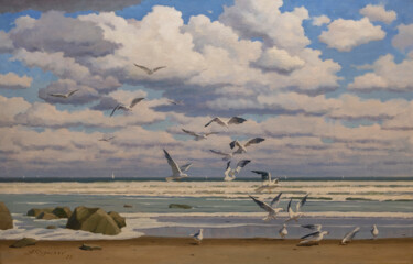 Pintura titulada "Seagulls" por Andrey Pingachev, Obra de arte original, Oleo Montado en Panel de madera