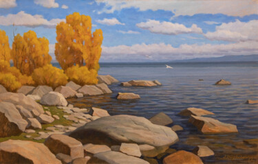 Painting titled "Gold autumn" by Andrey Pingachev, Original Artwork, Oil Mounted on Wood Panel