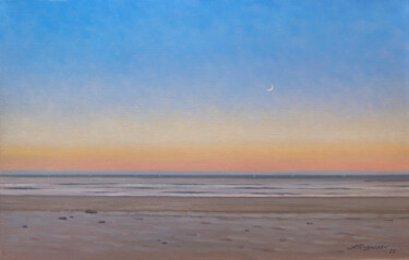 Malerei mit dem Titel "Morning moon" von Andrey Pingachev, Original-Kunstwerk, Öl Auf Holzplatte montiert