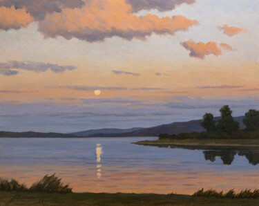 Painting titled "Evening moon" by Andrey Pingachev, Original Artwork, Oil Mounted on Cardboard