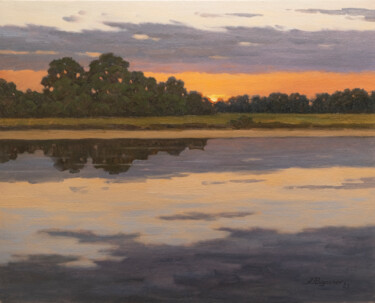 Картина под названием "Sunset on the river" - Andrey Pingachev, Подлинное произведение искусства, Масло Установлен на картон
