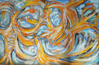 Картина под названием "Переплывая небо" - Андрей Сахапов, Подлинное произведение искусства, Масло Установлен на Деревянная р…