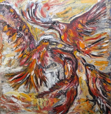 Painting titled "Красные птицы" by Andrei Sakhapov, Original Artwork, Oil Mounted on Wood Stretcher frame