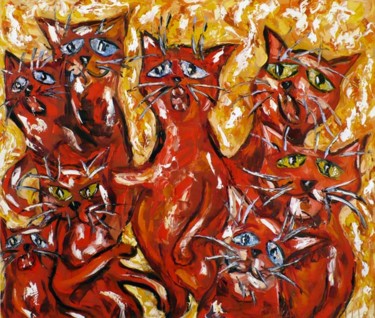Картина под названием "Хор красных котов" - Андрей Сахапов, Подлинное произведение искусства, Масло Установлен на Деревянная…