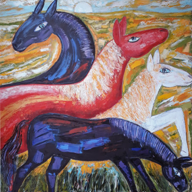 Картина под названием "Рядом с белой лошад…" - Андрей Сахапов, Подлинное произведение искусства, Масло Установлен на Деревян…