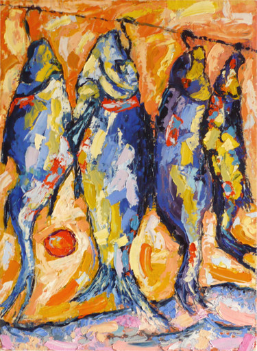 Malarstwo zatytułowany „Сушеная рыба” autorstwa Андрей Сахапов, Oryginalna praca, Olej Zamontowany na Drewniana rama noszy