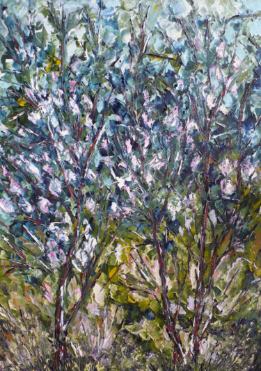 Картина под названием "яблони цветут" - Андрей Сахапов, Подлинное произведение искусства, Масло Установлен на Деревянная рам…