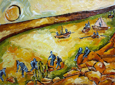 Картина под названием "Ловцы крабов" - Андрей Сахапов, Подлинное произведение искусства, Масло Установлен на Деревянная рама…