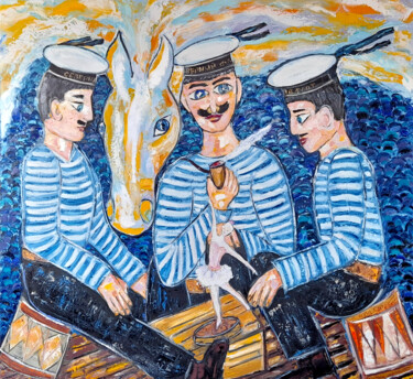 Painting titled "Три товарища" by Андрей Сахапов, Original Artwork, Oil Mounted on Wood Stretcher frame