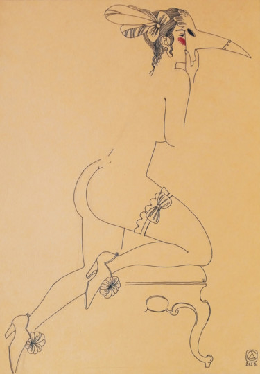Drawing titled "Lady Bird" by Andrey Simakov, Original Artwork, Ink