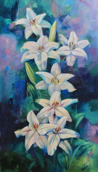 Painting titled "Lilies" by Andrey Simakov, Original Artwork, Oil
