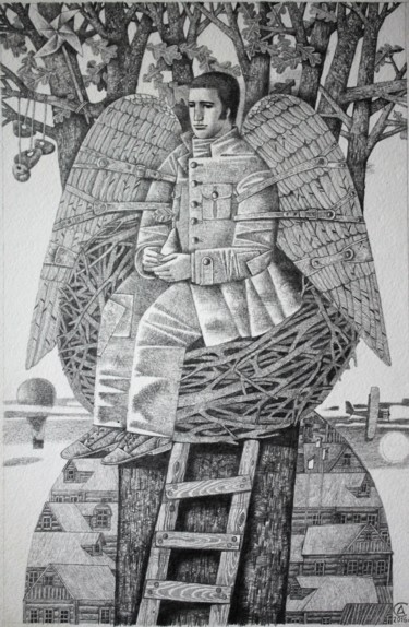 제목이 "Man-Bird"인 그림 Andrey Simakov로, 원작, 잉크