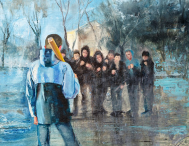 Painting titled "one against all" by Andrei Iakovlev, Original Artwork, Oil Mounted on Cardboard