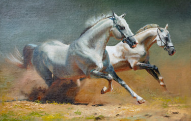 Schilderij getiteld "Белые кони" door Andrei Iakovlev, Origineel Kunstwerk, Olie Gemonteerd op Karton