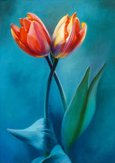 Картина под названием "Тюльпаны" - Андрей Яковлев, Подлинное произведение искусства, Масло Установлен на картон