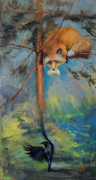 Malerei mit dem Titel "Ворона и лисица с с…" von Andrei Iakovlev, Original-Kunstwerk, Öl