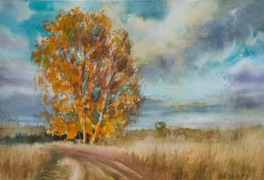 Картина под названием "Дорога в осень" - Андрей Яковлев, Подлинное произведение искусства, Акварель
