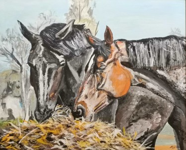 Картина под названием "Horses at the feeder" - Andrey Schukin, Подлинное произведение искусства, Акрил