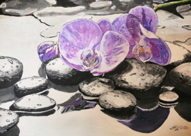 Картина под названием "Orchids on black st…" - Andrey Schukin, Подлинное произведение искусства, Акрил