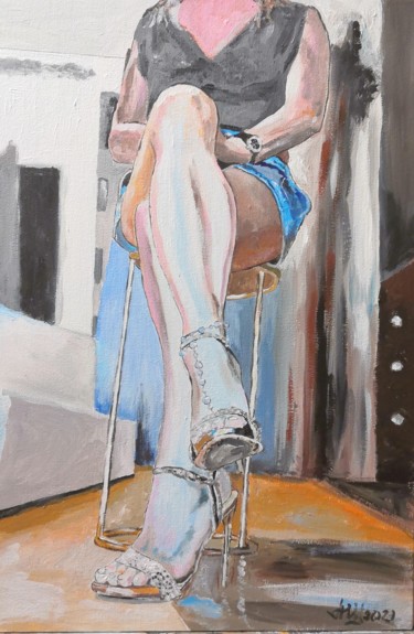 Painting titled "Сидящая на стуле" by Andrey Schukin, Original Artwork, Acrylic