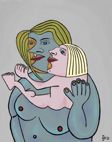 Digital Arts titled "Mother caressing he…" by Andries De Jong, Original Artwork, Digital Painting