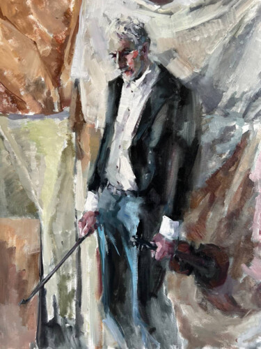 Painting titled "Mad man with violin" by Andrii Davydenko, Original Artwork, Oil Mounted on Wood Stretcher frame