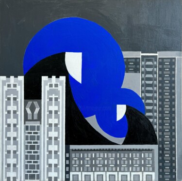 Painting titled "Two Blue Avocados" by Andrii Davydenko, Original Artwork, Acrylic Mounted on Wood Stretcher frame