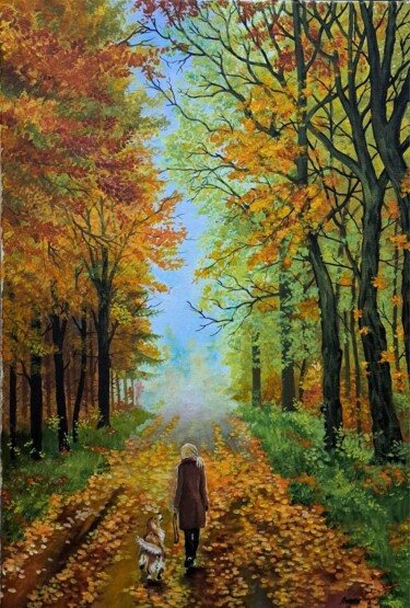 Painting titled "A walk in a park" by Andrii Kovalev, Original Artwork, Acrylic Mounted on Wood Stretcher frame