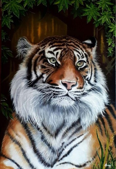 Painting titled "Emperor of taiga" by Andrii Kovalev, Original Artwork, Oil Mounted on Wood Stretcher frame