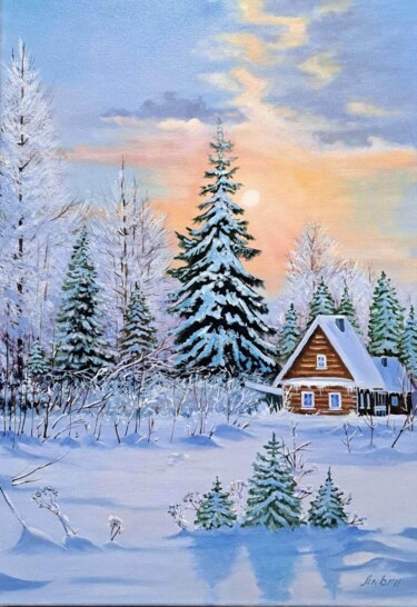 Painting titled "Calm of snow" by Andrii Kovalev, Original Artwork, Acrylic Mounted on Wood Stretcher frame