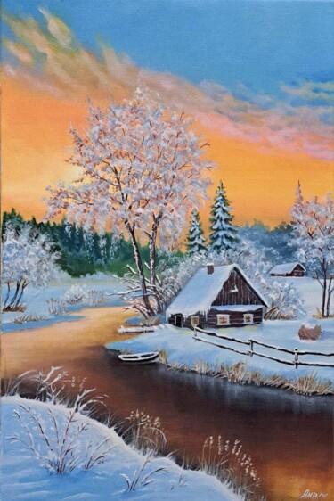 Painting titled "Melody of snow" by Andrii Kovalev, Original Artwork, Oil Mounted on Wood Stretcher frame