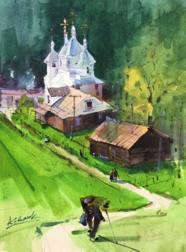Painting titled "Дорога к храму. Кар…" by Andrii Kovalyk, Original Artwork, Watercolor