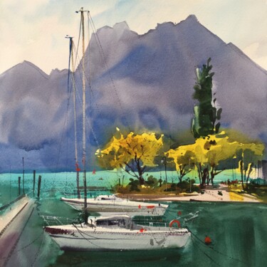 Painting titled "Lake Garda.  Italy" by Andrii Kovalyk, Original Artwork, Watercolor