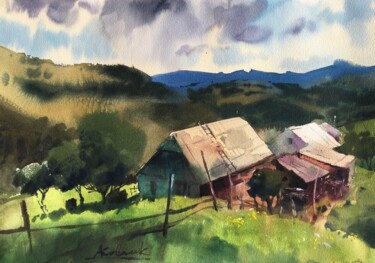 Painting titled "Karpathian landscape" by Andrii Kovalyk, Original Artwork, Watercolor