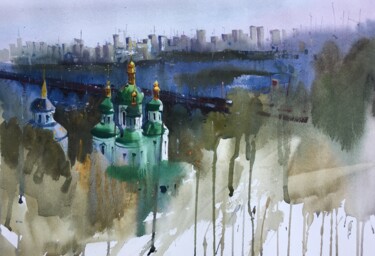「Киев. Вид на Выдуби…」というタイトルの絵画 Andrii Kovalykによって, オリジナルのアートワーク, 水彩画