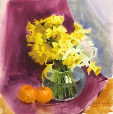 Painting titled "Still Life with Daf…" by Andrii Kovalyk, Original Artwork, Watercolor