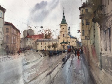 Painting titled "Пасмурно во Львове" by Andrii Kovalyk, Original Artwork, Watercolor