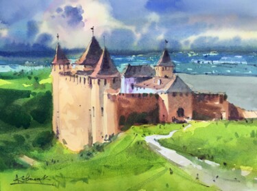Painting titled "Khotyn Fortress" by Andrii Kovalyk, Original Artwork, Watercolor