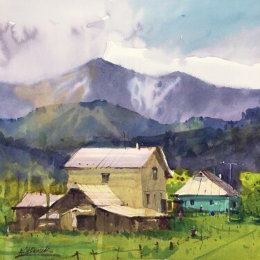 Painting titled "Carpathian houses" by Andrii Kovalyk, Original Artwork, Watercolor
