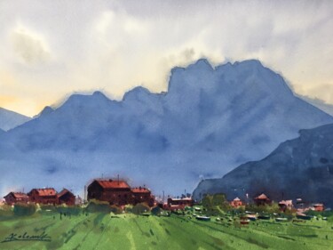 Pittura intitolato "Alpine mountains of…" da Andrii Kovalyk, Opera d'arte originale, Acquarello