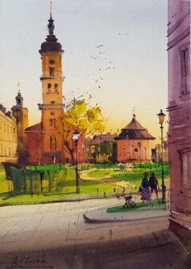 Painting titled "Polish Square. Kamy…" by Andrii Kovalyk, Original Artwork, Watercolor