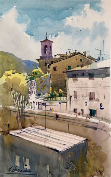 Painting titled "Sunny Italian town…" by Andrii Kovalyk, Original Artwork, Watercolor