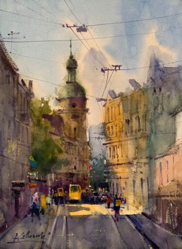 Painting titled "Sunny day in Lviv c…" by Andrii Kovalyk, Original Artwork, Watercolor