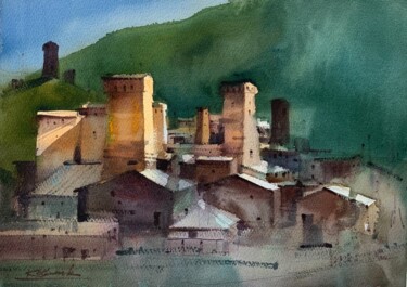 Painting titled "Towers of Svaneti.…" by Andrii Kovalyk, Original Artwork, Watercolor