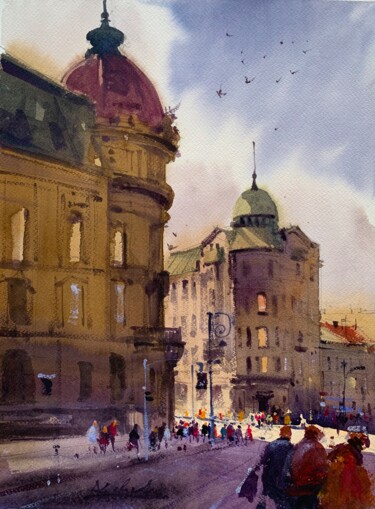 Painting titled "Urban motive. Lviv" by Andrii Kovalyk, Original Artwork, Watercolor