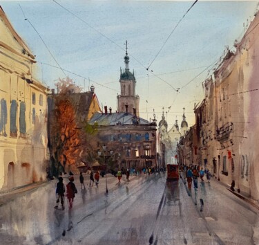 Pintura intitulada "Ploscha Market in L…" por Andrii Kovalyk, Obras de arte originais, Aquarela