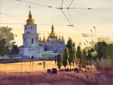 Pintura intitulada "Sunny morning in Ky…" por Andrii Kovalyk, Obras de arte originais, Aquarela