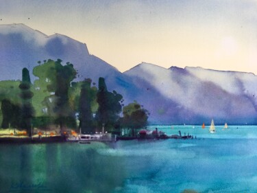 Pittura intitolato "Morning on Lake Gar…" da Andrii Kovalyk, Opera d'arte originale, Acquarello